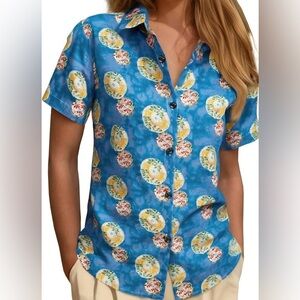 Jogal Hawaiian Floral Blue Shirt Button Up Cotton Blend Short Sleeve